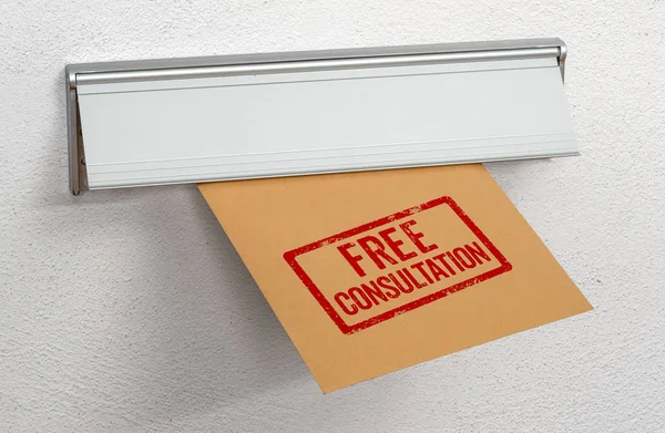 A letter stamped Free consultation in a mail slot
