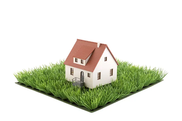 Ház Miniatűr Négyzet Zöld Mező Elszigetelt Fehér Háttér — Stock Fotó