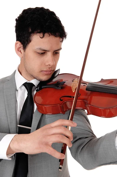 Young Handsome Man Gray Suit Playing Violin Looking Concentrated Serious — Stock Photo, Image
