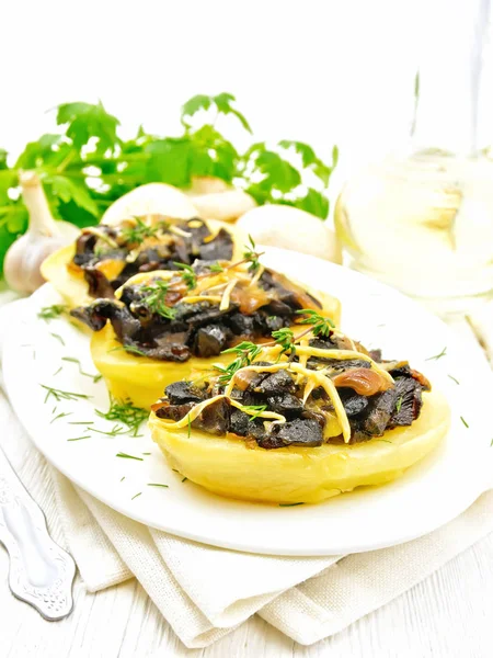 Potatoes Stuffed Mushrooms Fried Onions Cheese Plate Napkin Vegetable Oil — Stock Photo, Image