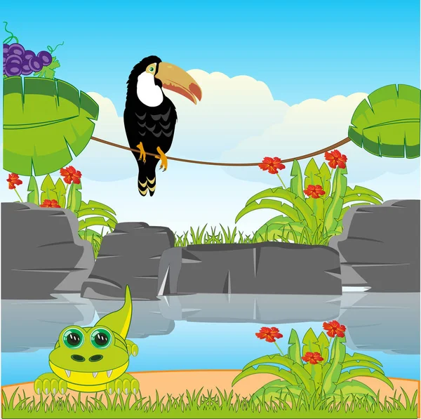 Illustrazione Vettoriale Giungla Tropicale Lungofiume Con Animali Uccelli — Foto Stock