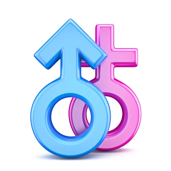 粉红色女性和蓝色男性性别符号 渲染插图隔离在白色背景上 — 图库照片