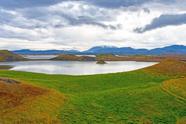 Kolorowe Trawy Chmury Nad Jeziorem Myvatn Północnej Islandii — Zdjęcie stockowe