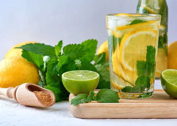 レモン ミントの葉 グラスにライム カクテルを作るための材料の隣にレモンと夏のさわやかなドリンクレモネード — ストック写真