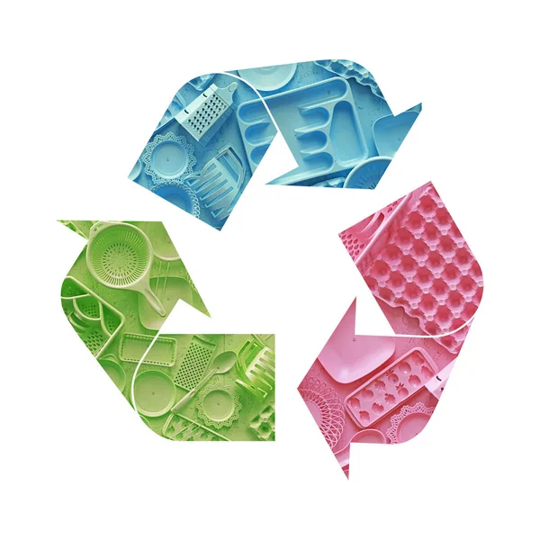 Illustration Symbole Recyclage Vaisselle Jetable Plastique Multicolore Isolée Sur Fond — Photo