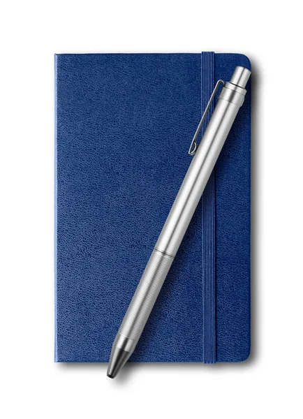 Cuaderno Cerrado Azul Marino Maqueta Bolígrafo Aislado Blanco —  Fotos de Stock