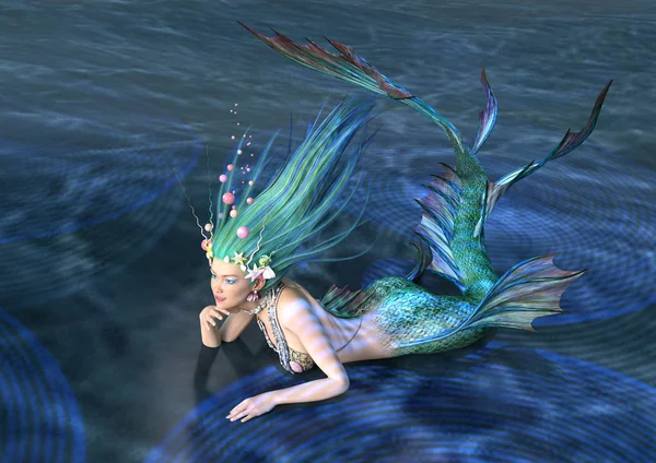 Darstellung Einer Märchenhaften Meerjungfrau Auf Blauem Meeresgrund — Stockfoto