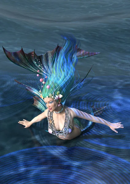 Vykreslování Mermaid Pohádky Pozadí Modrý Oceán — Stock fotografie