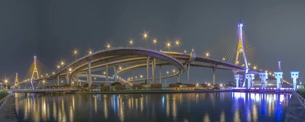 Pnorama Bhumibol Bridge Chao Phraya River Bridge Turn Lights Many — Stock Photo, Image