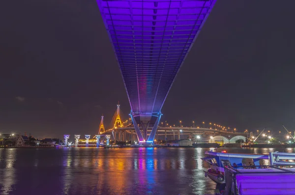 Bhumibol Brücke Chao Phraya Flussbrücke Schalten Sie Nachts Das Licht — Stockfoto