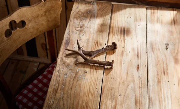 影の部屋の椅子と素朴なテーブルの上に横たわる鹿の角のペアコピースペース — ストック写真