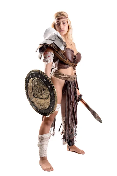 Ancient Woman Warrior Gladiator Posing Sword Shield Isolated White — Stock Photo, Image