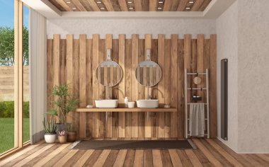 Wooden modern bathroom of a modern villa with double wahbasin - 3d rendering clipart
