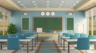 Empty modern classrom with teacher desk , school desk and blackboard - 3d rendering clipart