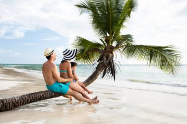Side View Of A Family On Palm Tree On Sand Near The Sea At Beach clipart