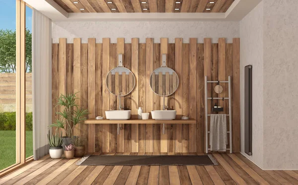 ダブル洗面台付きのモダンなヴィラの木造モダンなバスルーム 3Dレンダリング — ストック写真