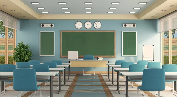 Töm Modern Classrom Med Lärardesk Skol Disk Och Blackboard Rendering — Stockfoto