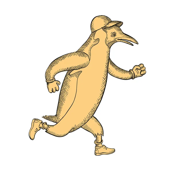 Tekening Schets Stijl Illustratie Van Een Gentoo Penguin Marathonloper Dragen — Stockfoto