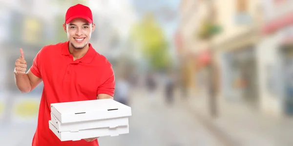 Pizza Levering Man Jongen Bestelling Leveren Werk Leveren Succes Succesvolle — Stockfoto