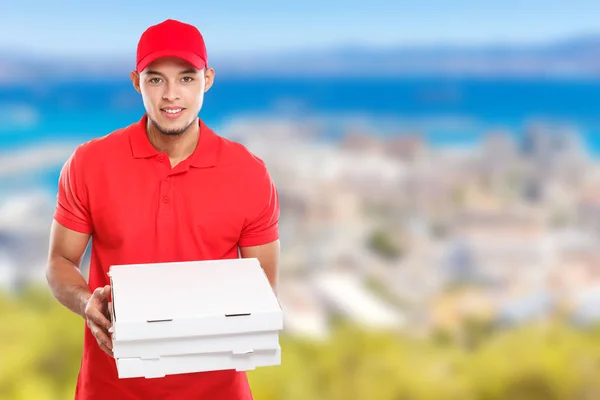 Pizza Jongen Levering Service Latin Man Bestelling Leveren Taak Leveren — Stockfoto