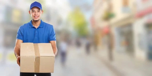 Paketzustelldienst Box Paketauftrag Delivery Job Junge Lateinische Mann Stadt Banner — Stockfoto