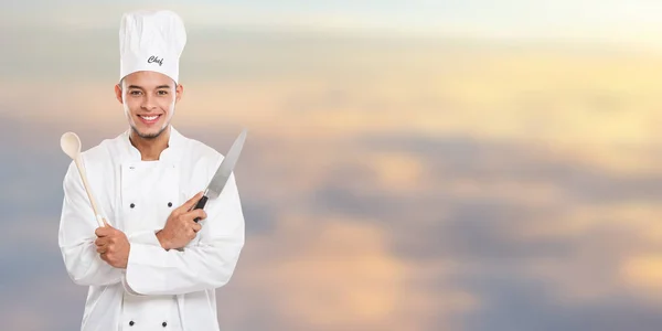 Cuoco Cucina Formazione Giovane Uomo Lavoro Banner Copyspace Copia Spazio — Foto Stock