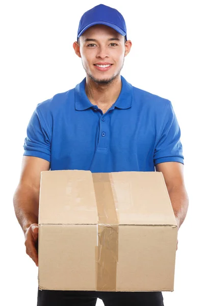 Paquete Caja Servicio Entrega Paquetes Entrega Trabajo Joven Latino Aislado — Foto de Stock