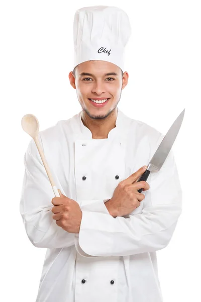 Koch Kochen Junger Mann Männlichen Job Isoliert Auf Einem Weißen — Stockfoto