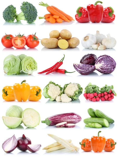 Grönsaker Tomater Sallad Bell Pepper Lök Morötter Samling Isolerad Vit — Stockfoto