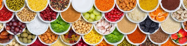 果物や野菜の食べ物の背景スパイスの上から食材バナー — ストック写真