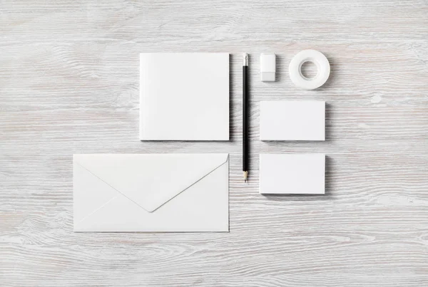 Blanco Briefpapier Corporate Identity Template Lichte Houten Achtergrond Bovenaanzicht Platte — Stockfoto