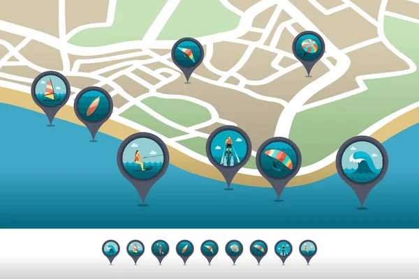 Extremwassersport Strand Vektor Pin Karte Symbol Auf Der Karte Zeiger — Stockfoto