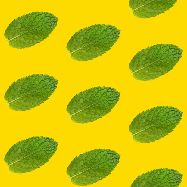 Seamless Pattern Fresh Green Mint Leaves Vivid Yellow Background — Stock Photo, Image