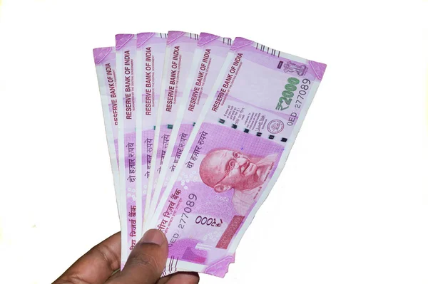 Selective Focus Hand Holding Indian 2000 Rupee Notes White Background — стокове фото