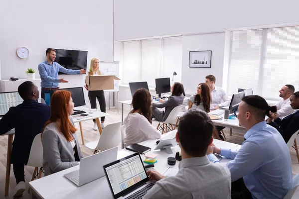 Smiling Young Manager Welcoming New Female Employee Introducing Her Old — Stock Photo, Image