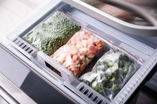 Overhead View Frozen Vegetables Plastic Bag Refrigerator Tray — Stock Photo, Image