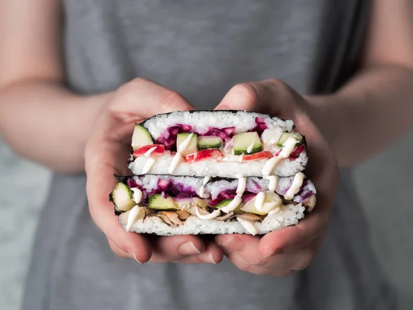 Sándwich Sushi Vegano Onigirazu Con Setas Verduras Receta Idea Una — Foto de Stock