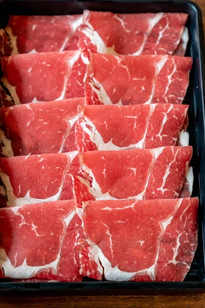Conjunto Carne Res Cruda Listo Para Cocinar Shabu Shabu Sukiyaki — Foto de Stock