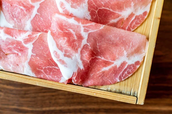 Conjunto Carne Cerdo Kurobuta Cruda Lista Para Cocinar Shabu Shabu — Foto de Stock