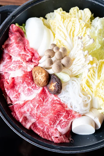 Japonés Wagyu Carne Res Sukiyaki Conjunto Listo Para Cocinar —  Fotos de Stock