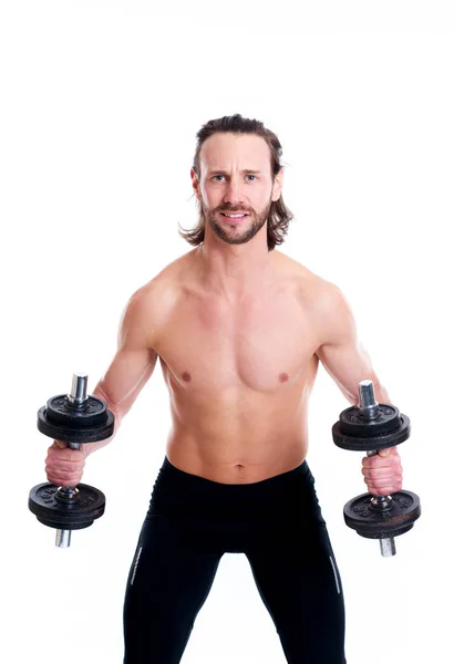 Joven Con Cuerpo Entrenado Con Campanas Bar — Foto de Stock