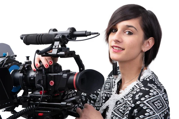 Jeune Femme Avec Caméra Vidéo Professionnelle Dslr Isolé Sur Fond — Photo