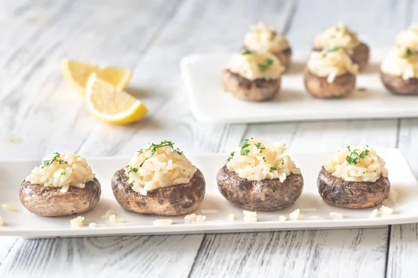 Baked Mushrooms Stuffed Risotto White Plate — Stock Photo, Image