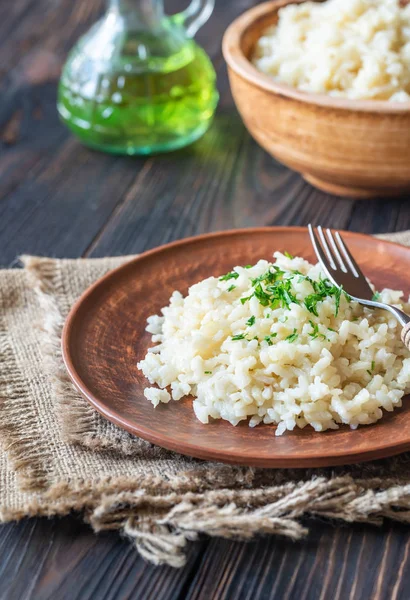 Portie Risotto Houten Tafel — Stockfoto