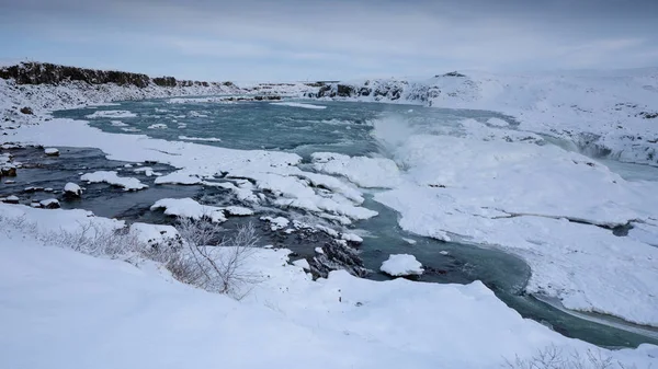 Panoramiczny Obraz Zamarzniętego Wodospadu Urridafoss Islandia Europa — Zdjęcie stockowe