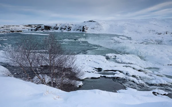Panoramabild Det Frusna Vattenfallet Urridafoss Island Europa — Stockfoto