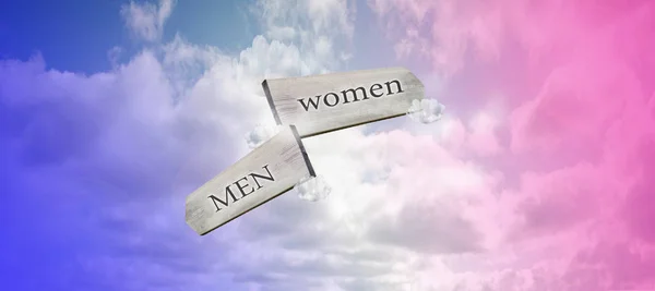 Homens Mulheres Assinar Com Céu Azul Rosa Espaço Para Gendre — Fotografia de Stock