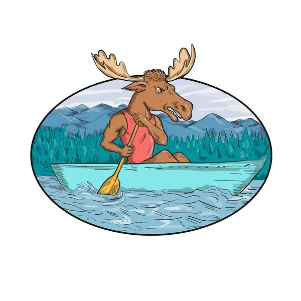 Illustration Dessinée Main Orignal Pagayant Canot Canadien Dans Une Rivière — Photo