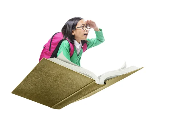 Asian Cute Girl Glasses Backpack Sitting Book Isolated White Background — Stock Photo, Image