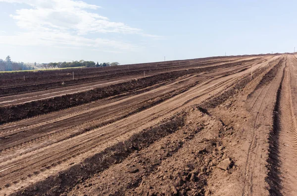 Farm Field Closeup Tractor Plowed Earth Soil Detail Agriculture Background — Stock Photo, Image